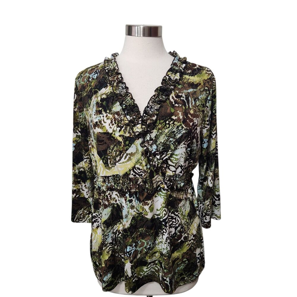 CJ Banks Women’s X Green brown ruffle Empire Waist Top Blouse 3/4 sleeve stretch